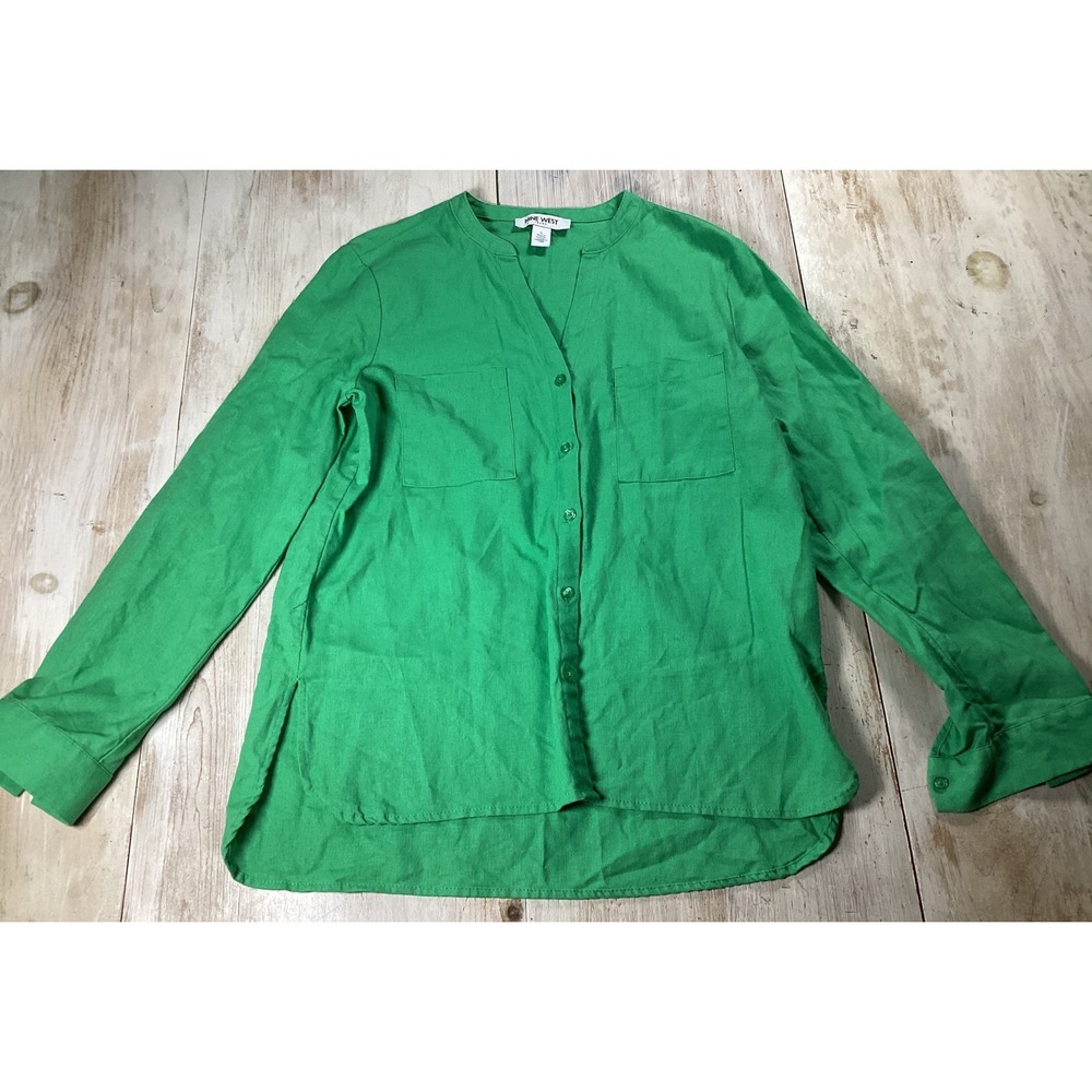 NINE WEST JEANS Green Linen Blend V-Neck Long Sleeve Button Shirt Top Women's S